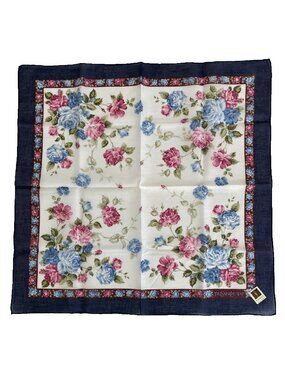 Yves Saint Laurent Vintage Floral Cotton Scarf Blue Rose Border NWT
